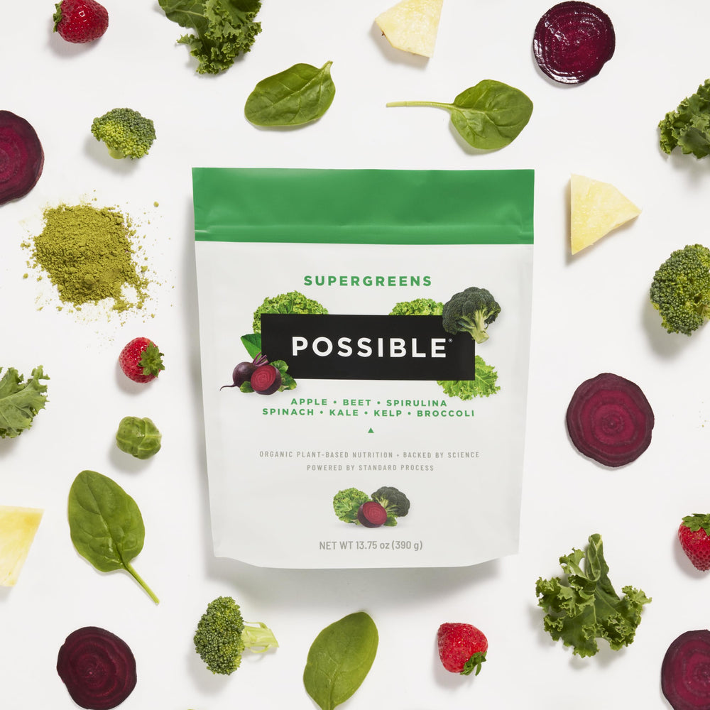 Possible SuperGreens clean label emphasizing USDA Organic and vegan standards