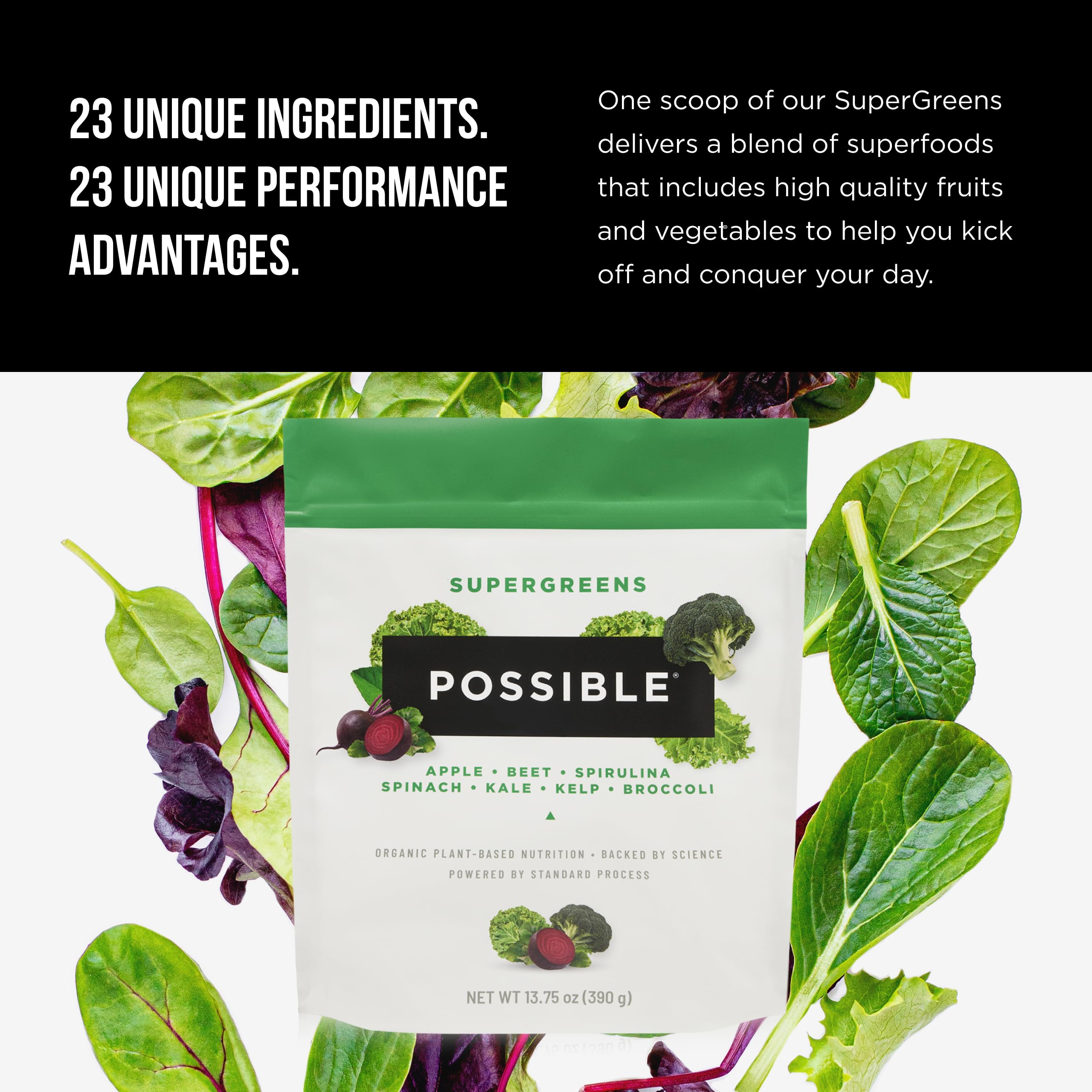 Possible SuperGreens ingredients close-up highlighting 23 wholesome components