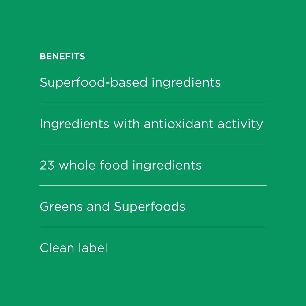 Possible SuperGreens organic farm background emphasizes farm-sourced ingredients