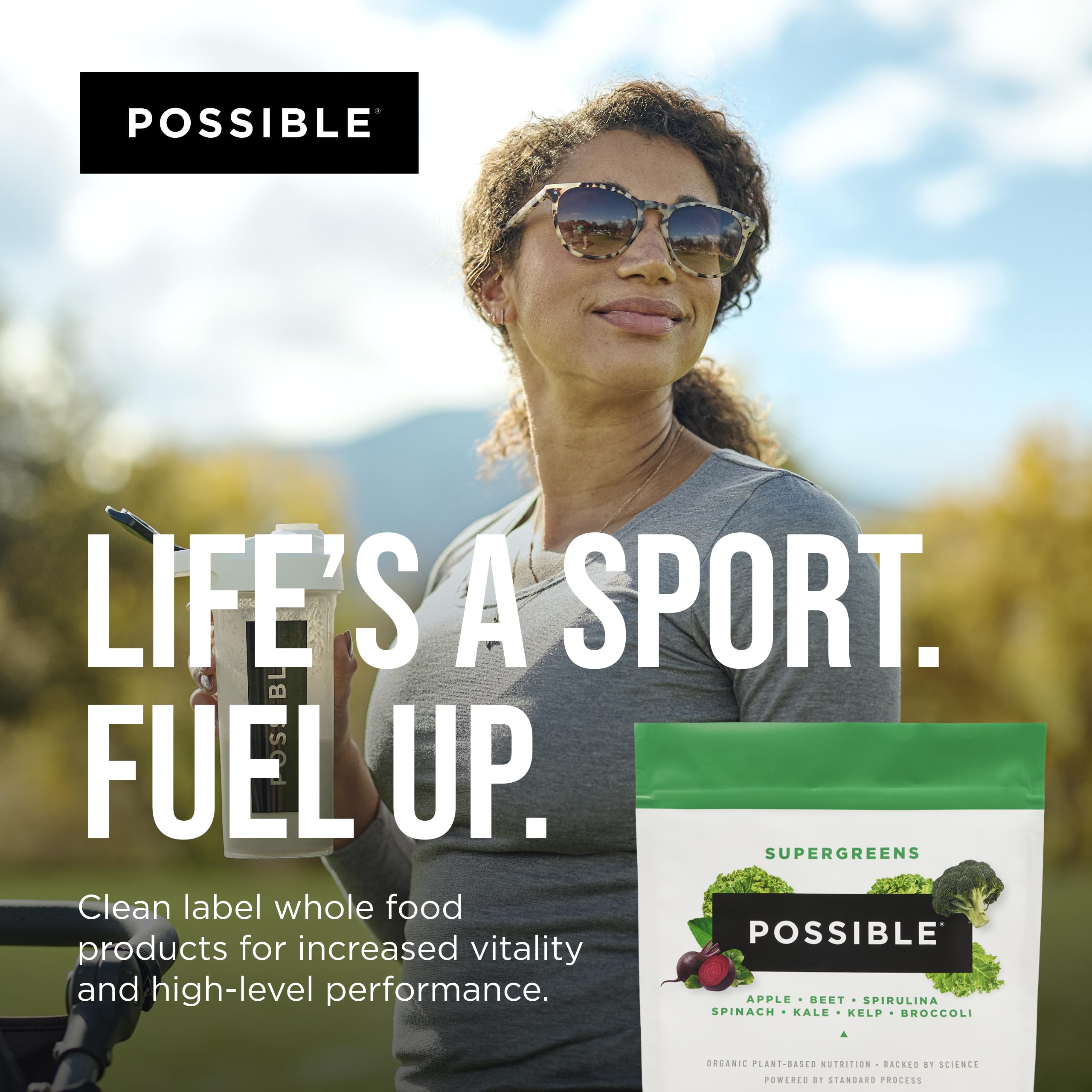 Possible SuperGreens prepared shake with fruits shows quick wellness ritual