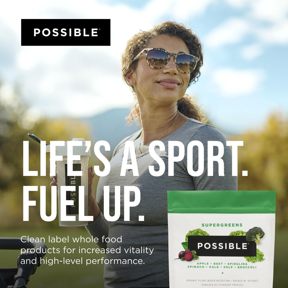 Possible SuperGreens prepared shake with fruits shows quick wellness ritual