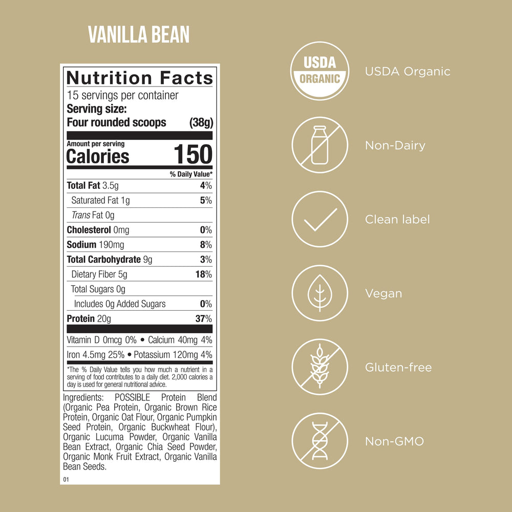 Possible Vanilla Bean protein scoop measuring a serving for 20g.