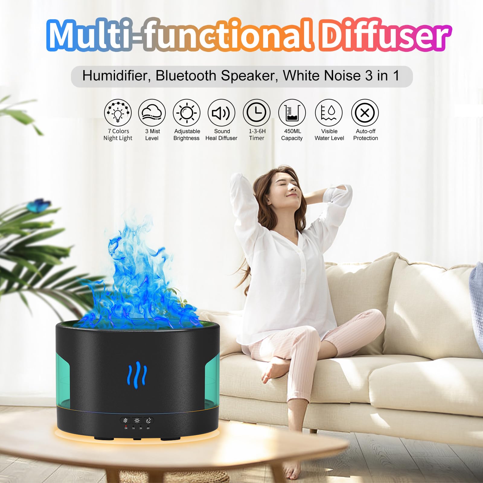 POSVIU diffuser RGB flame patterns for mood lighting and color cycling