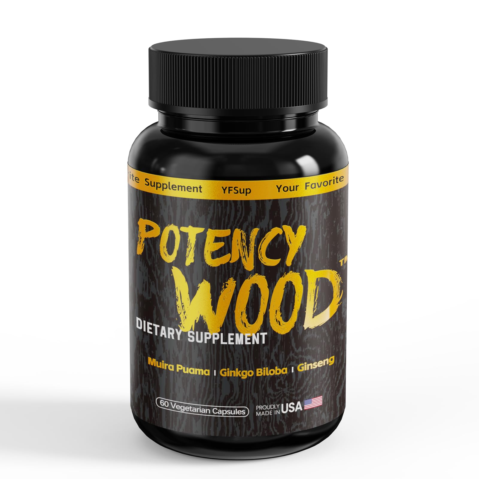 Potency Wood bottle front with capsules signaling natural energy support