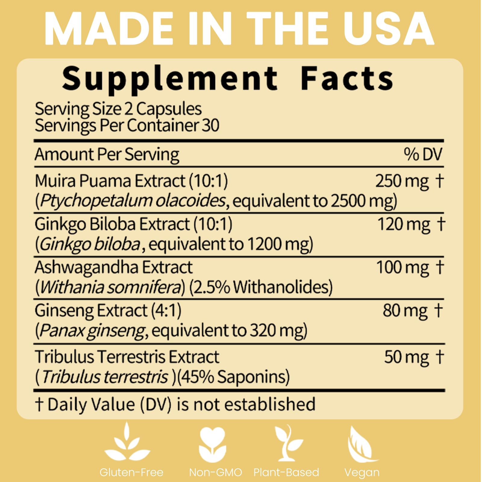 Potency Wood ingredients panel lists ginseng, ashwagandha, gingko, tribulus