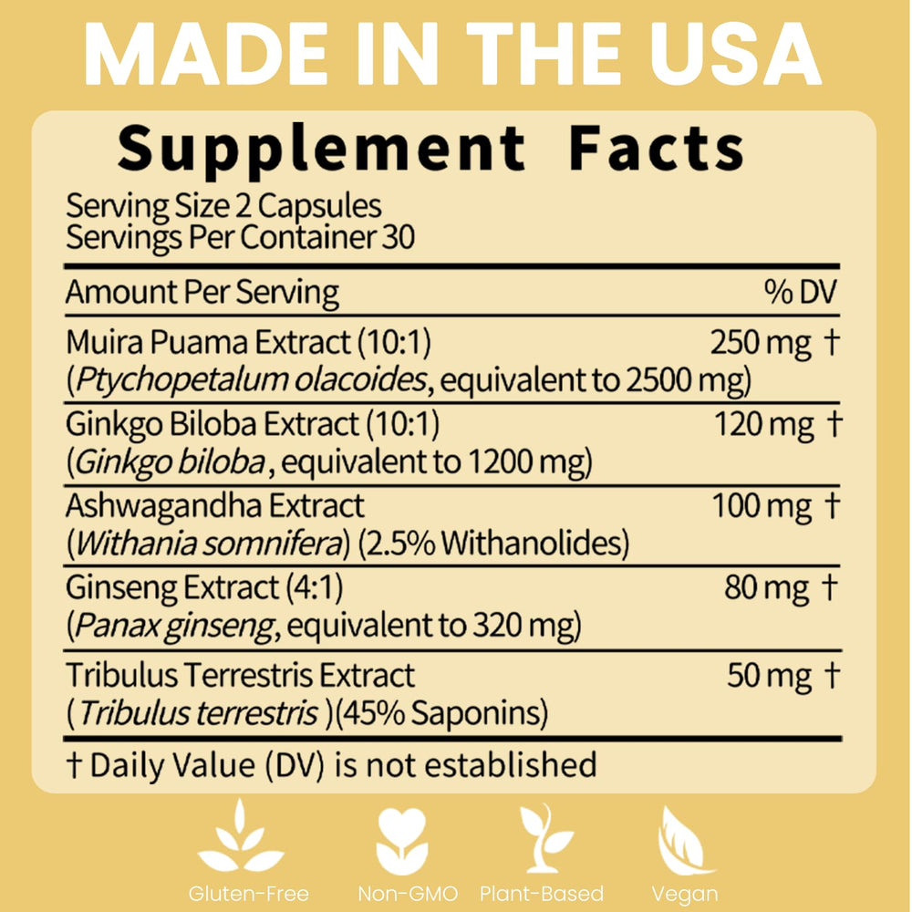 Potency Wood ingredients panel lists ginseng, ashwagandha, gingko, tribulus