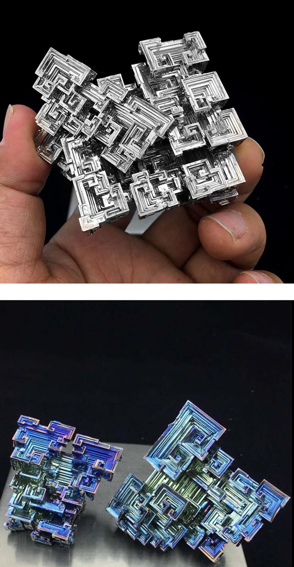 Pounique bismuth crystal dense weight adds tactile presence on a shelf.