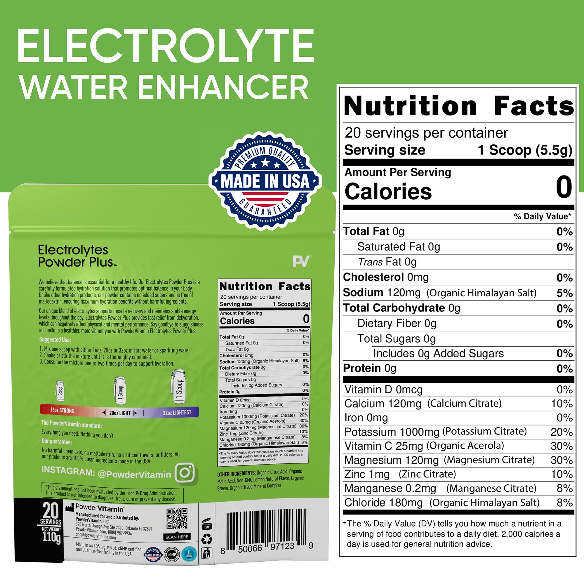 PowderVitamin Electrolytes: cucharilla medidora para porciones precisas y rápida hidratación.