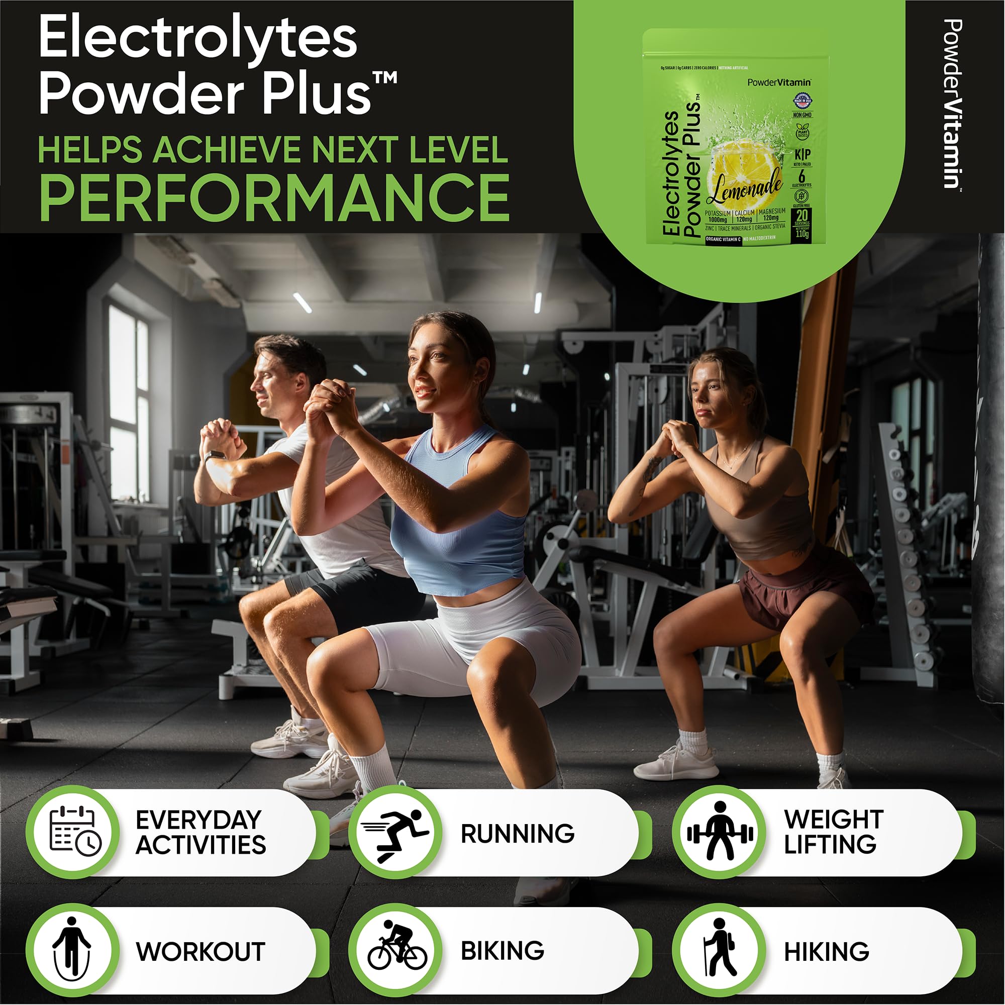 PowderVitamin Electrolytes: mezcla en agua sin azúcar para beber refrescante y ligera.