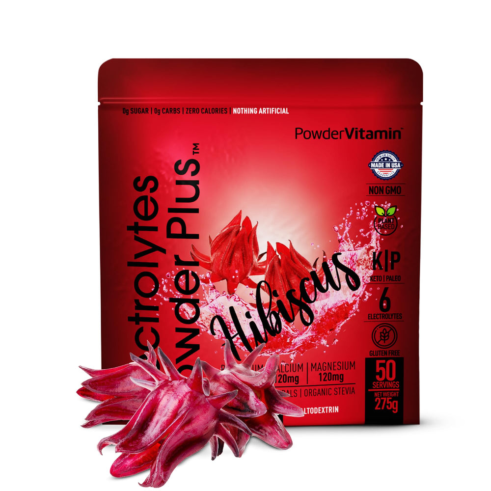 PowderVitamin Electrolytes Plus being poured into water for quick, zero-calorie hydration.