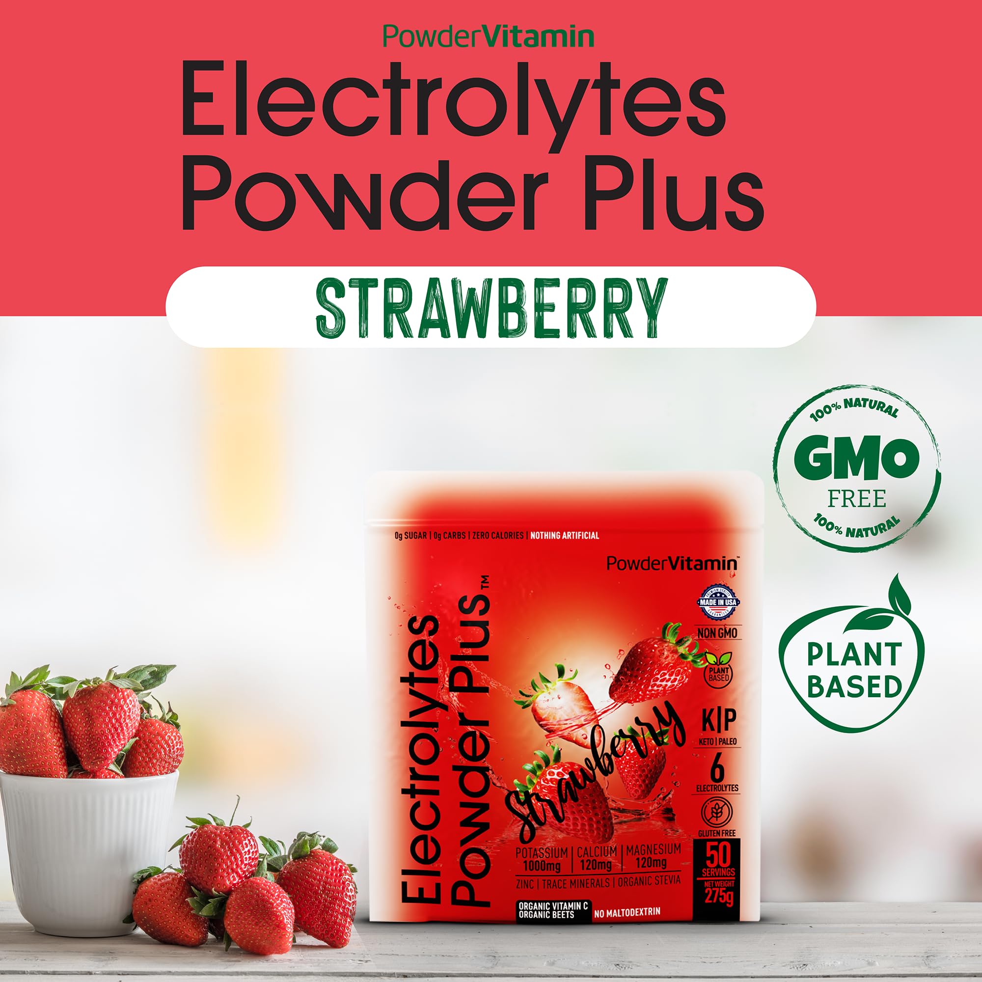 PowderVitamin Electrolytes Keto Strawberry closeup of powder texture and color.