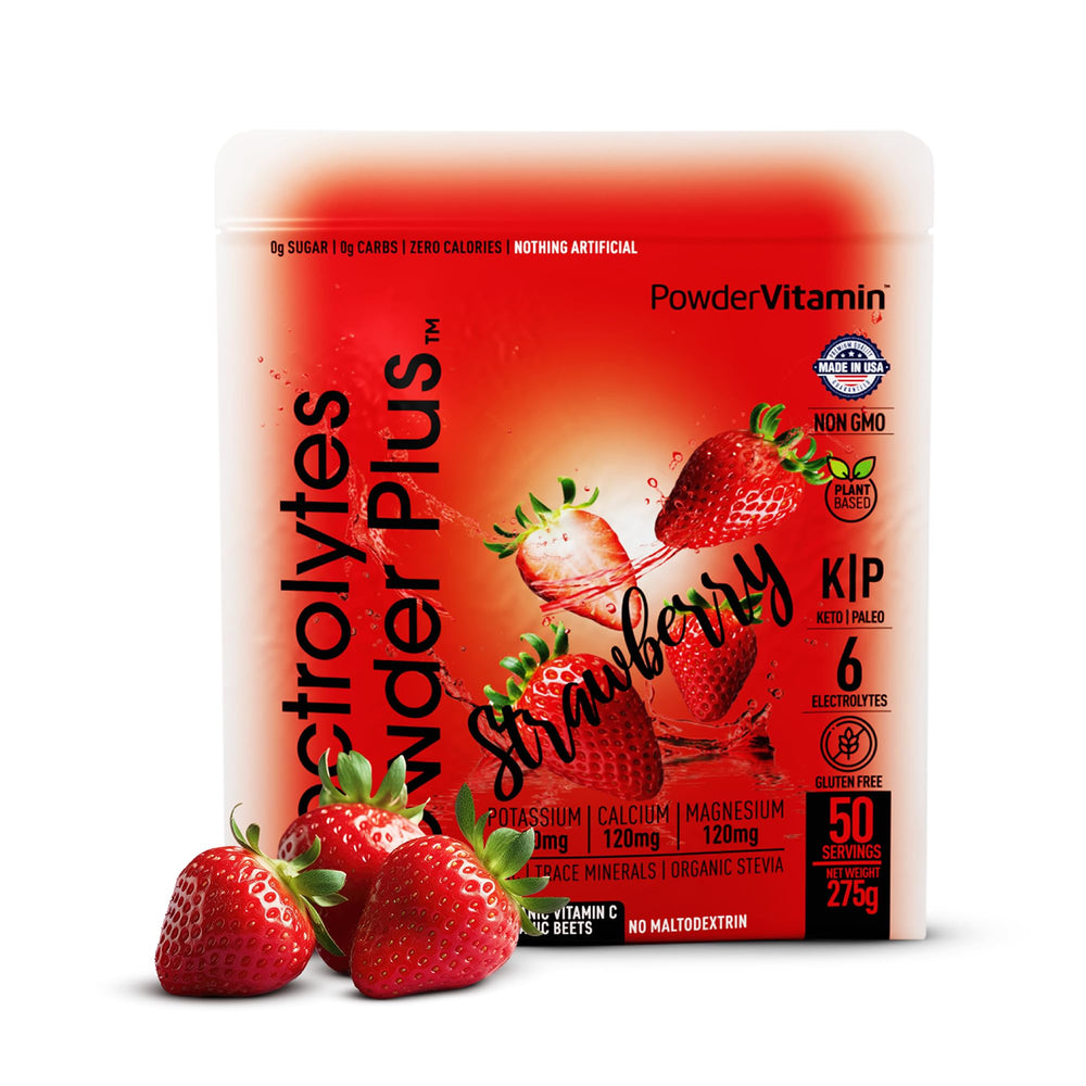 PowderVitamin Electrolytes Keto Strawberry pouch for on-the-go hydration without sugar.