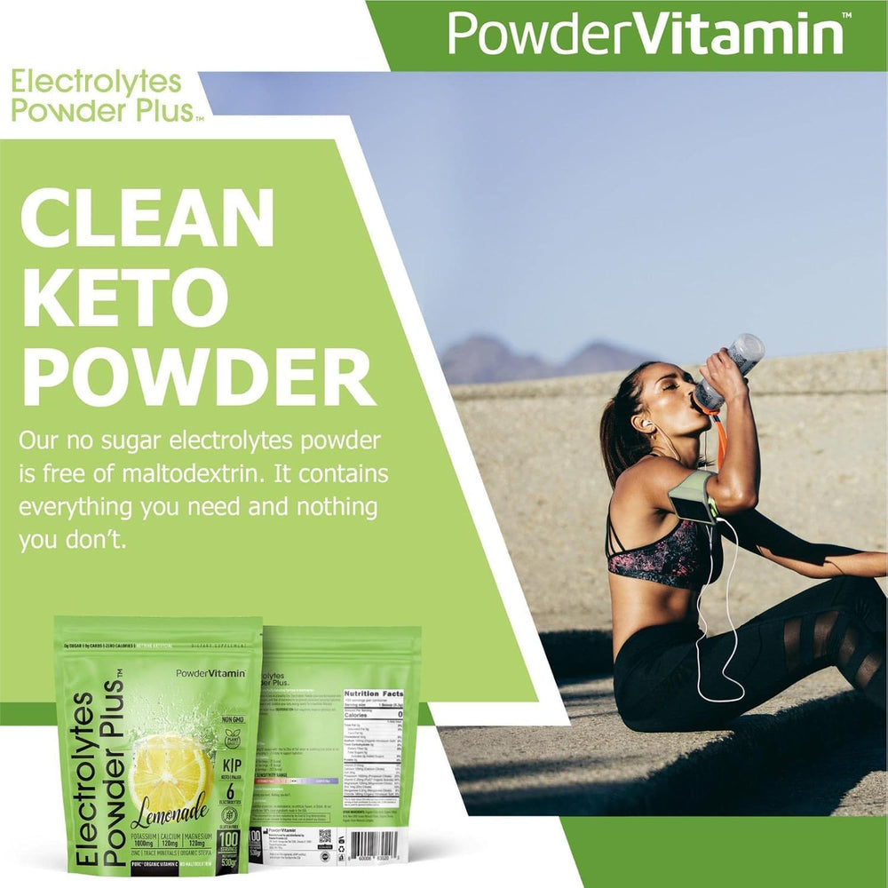 PowderVitamin Electrolytes Lemonade glass with ice ready to drink