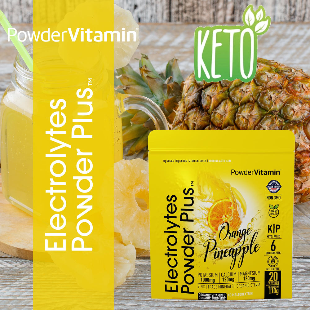 PowderVitamin Electrolytes Plus 1000mg potassium displayed with water glass