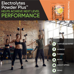 PowderVitamin Electrolytes Plus glass of water with powder ready to mix.