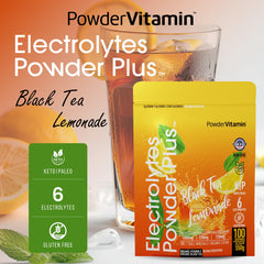 PowderVitamin Electrolytes Plus glass with stir for keto-friendly hydration.