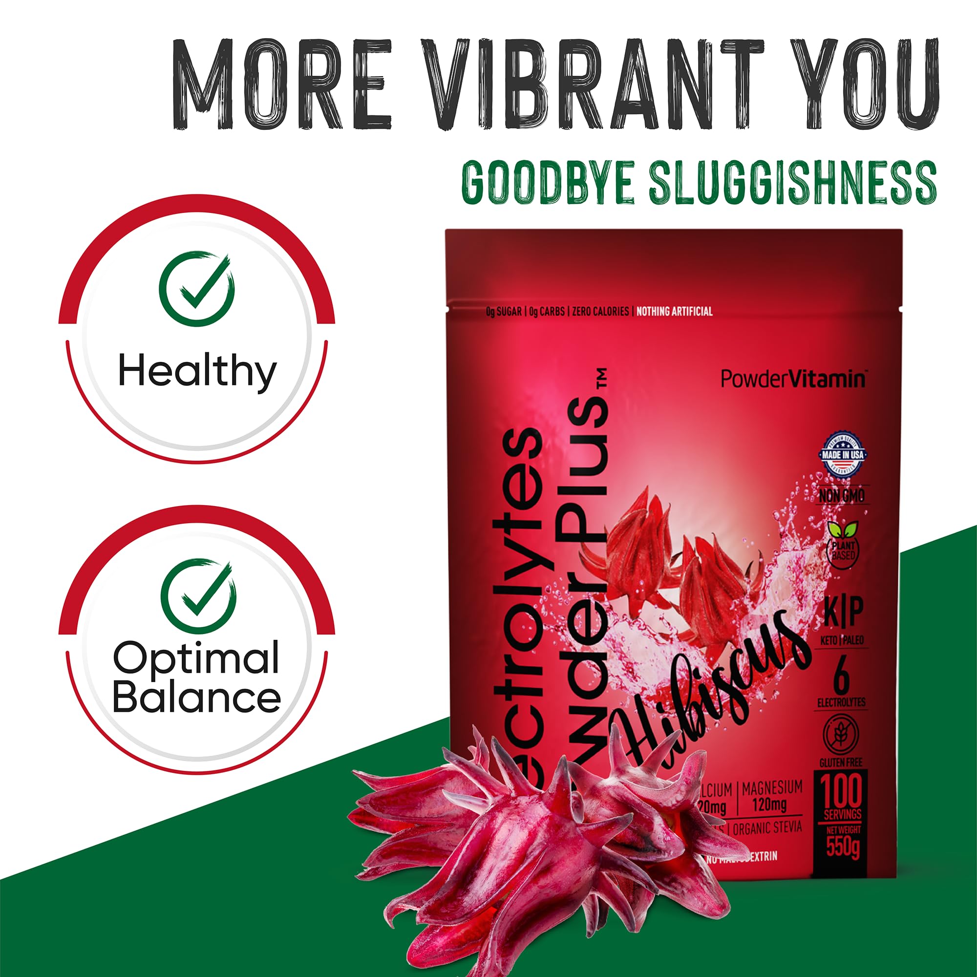 PowderVitamin Electrolytes Plus hibiscus ingredients close-up emphasizes key minerals