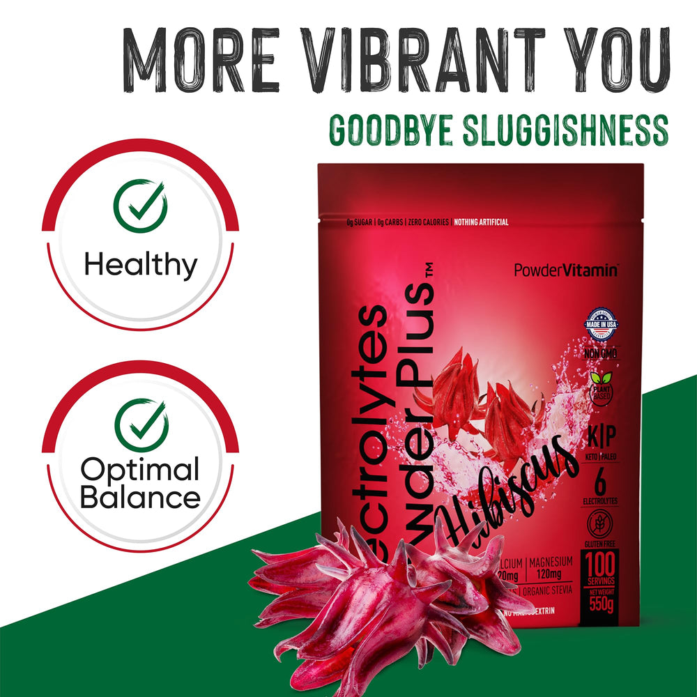 PowderVitamin Electrolytes Plus hibiscus ingredients close-up emphasizes key minerals