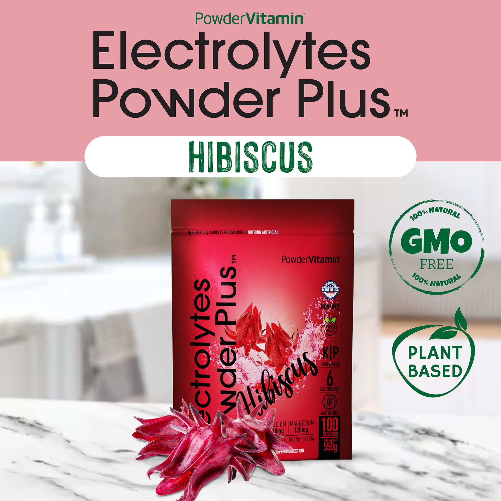 PowderVitamin Electrolytes Plus hibiscus label close-up signals clean keto formula