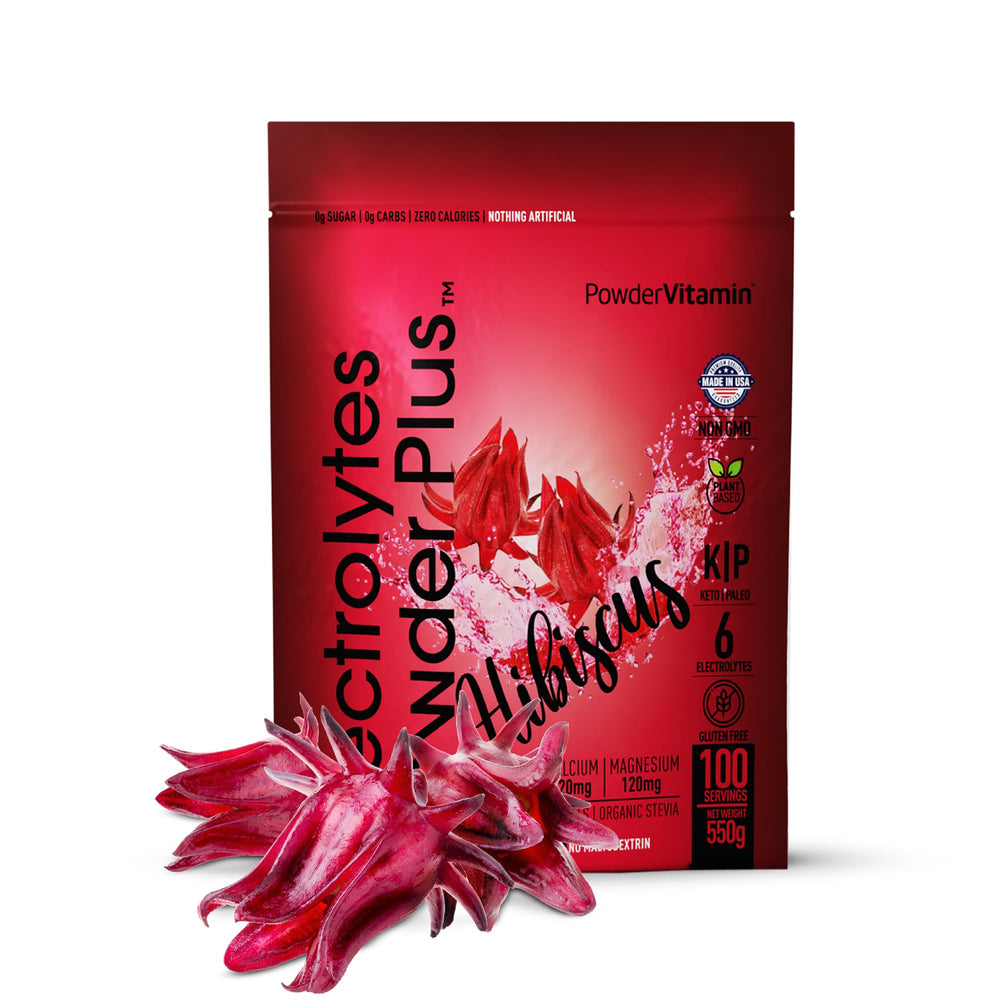 PowderVitamin Electrolytes Plus hibiscus no-calorie option supports hydration goals