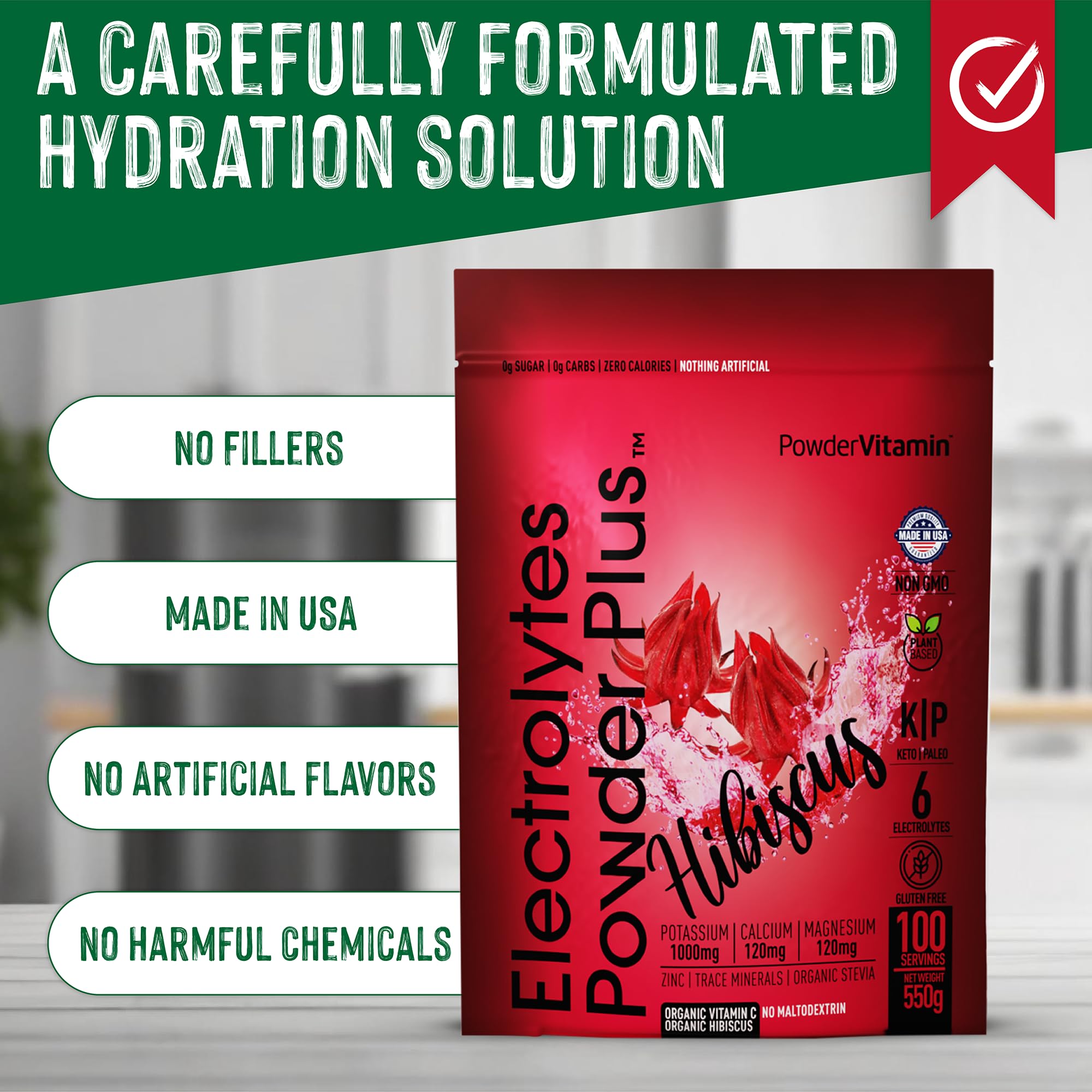 PowderVitamin Electrolytes Plus hibiscus scoop highlights 100 servings for hydration