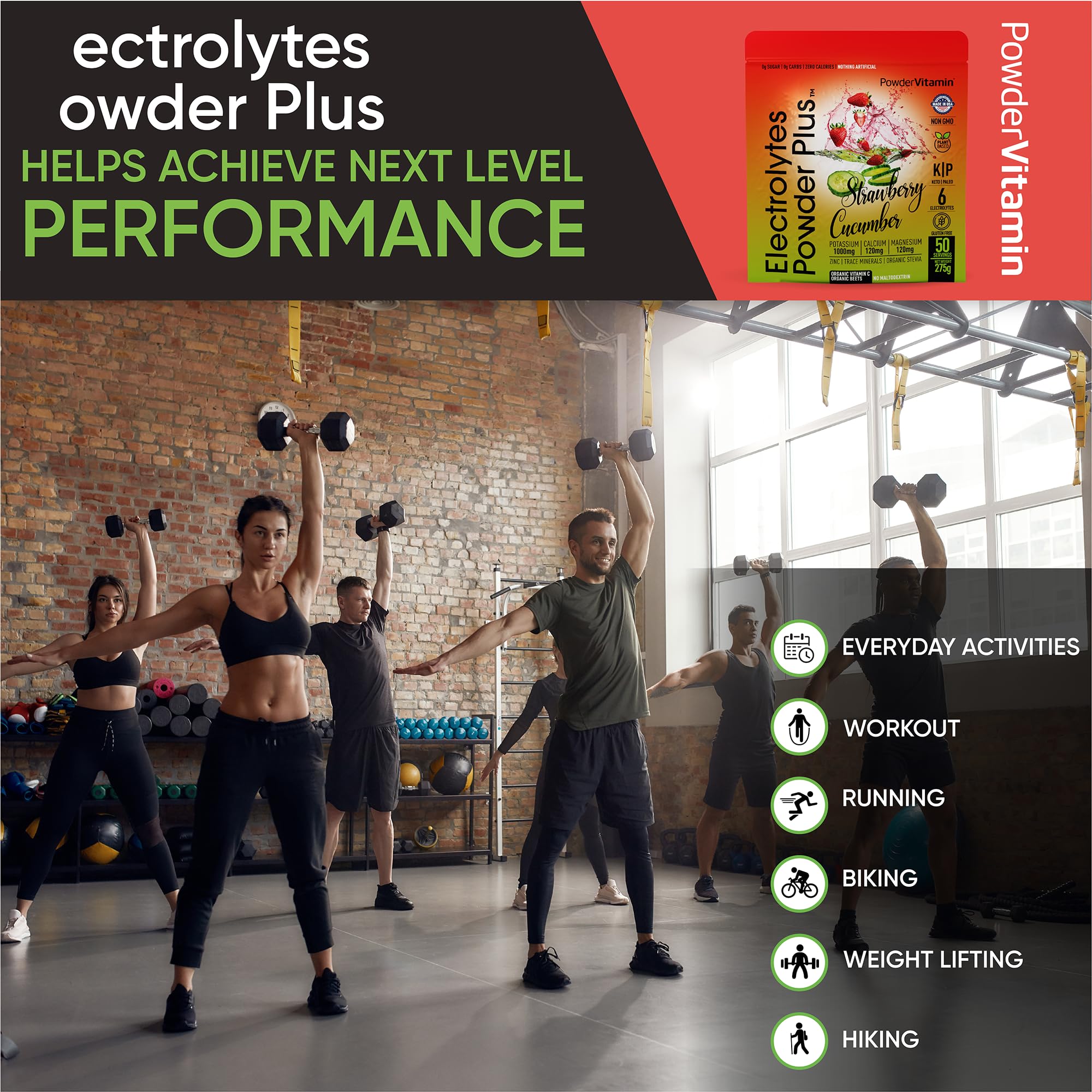 PowderVitamin Electrolytes Plus ingredients label highlights minerals and Vitamin C.
