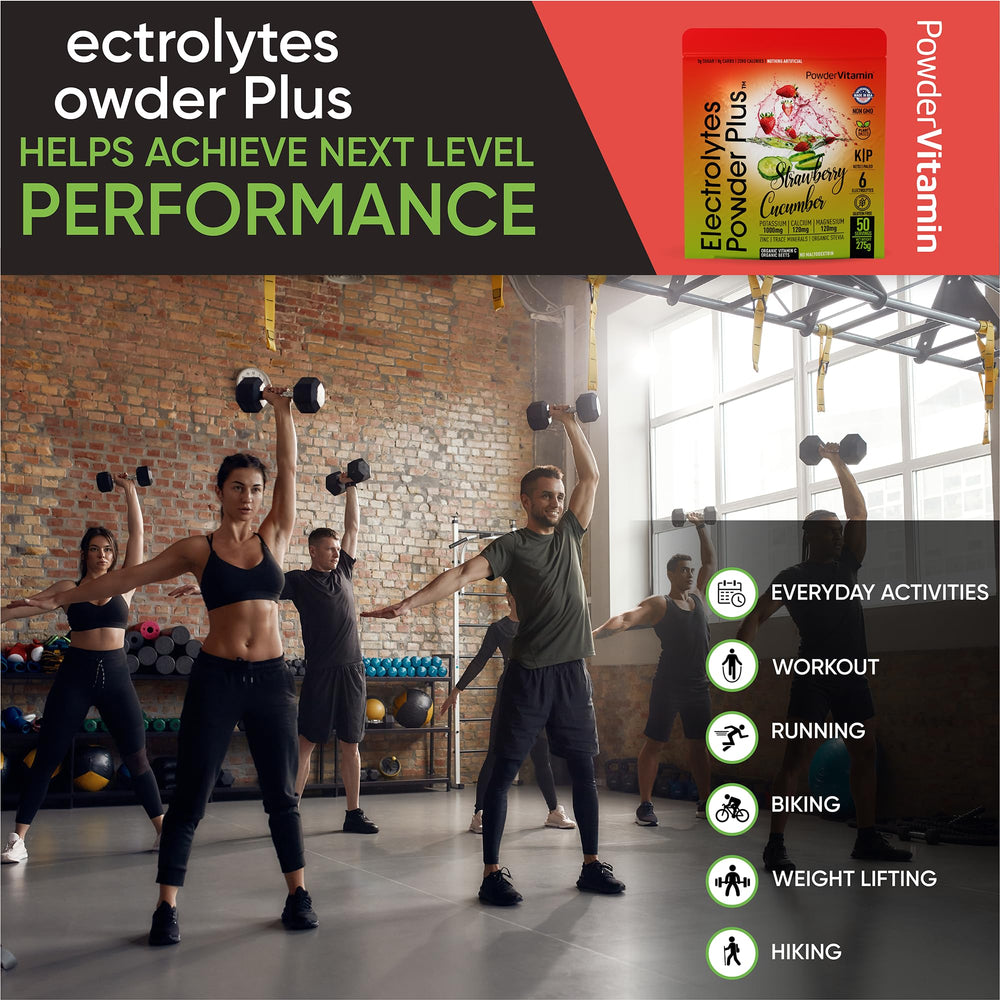 PowderVitamin Electrolytes Plus ingredients label highlights minerals and Vitamin C.