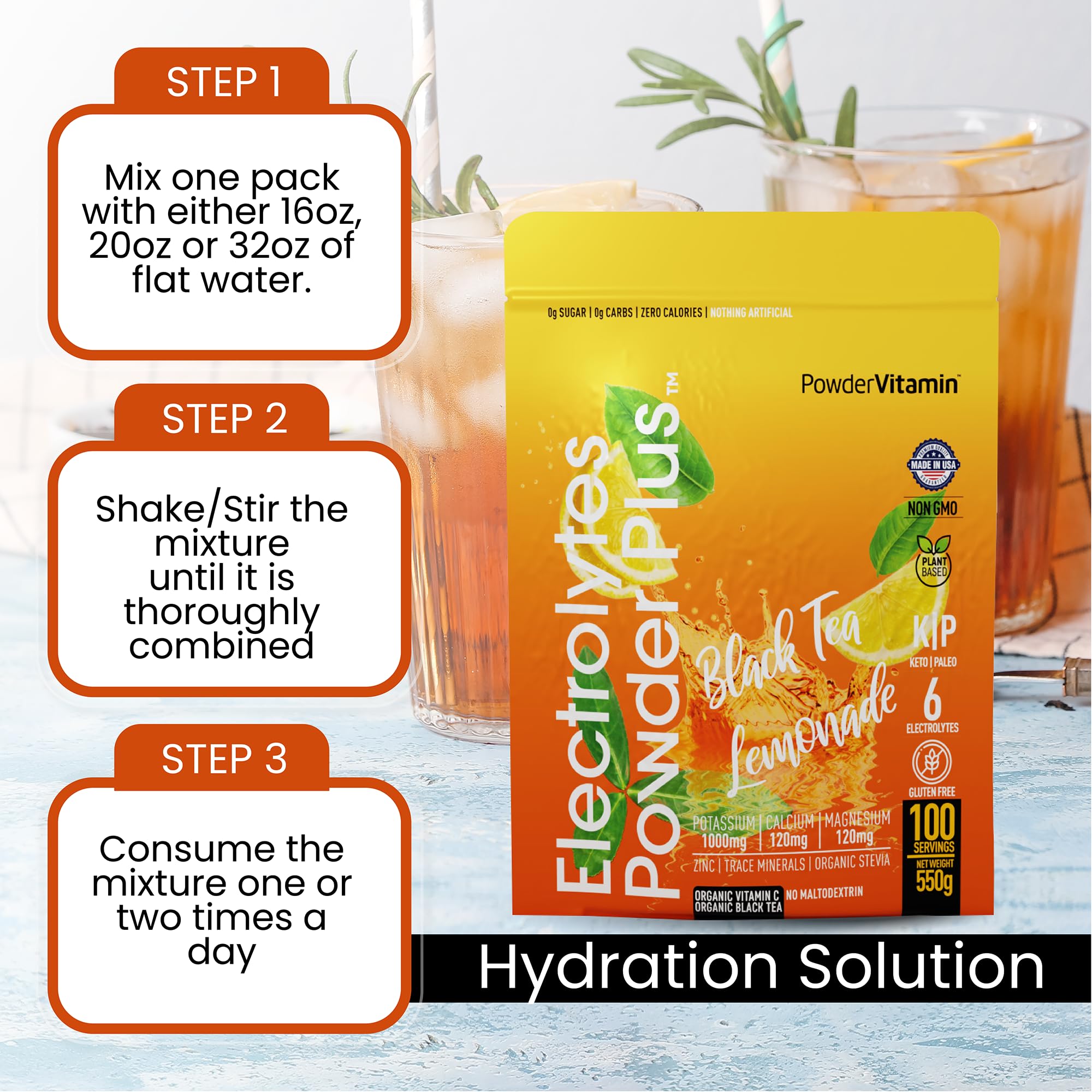 PowderVitamin Electrolytes Plus label close-up highlighting minerals.
