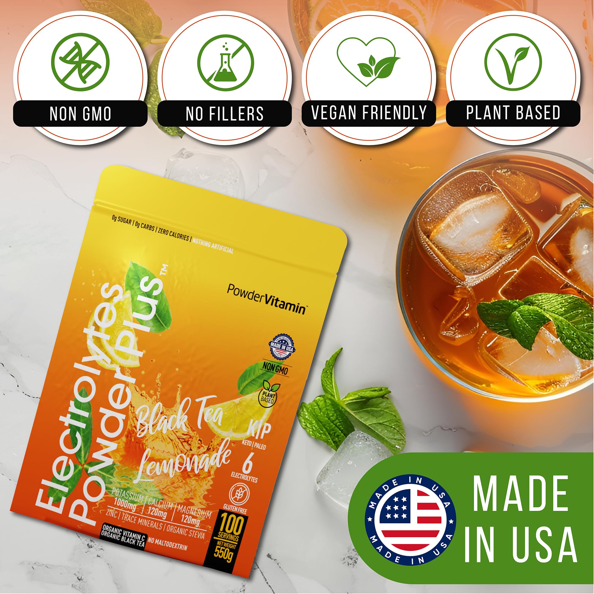 PowderVitamin Electrolytes Plus measuring spoon showing precise daily dose.