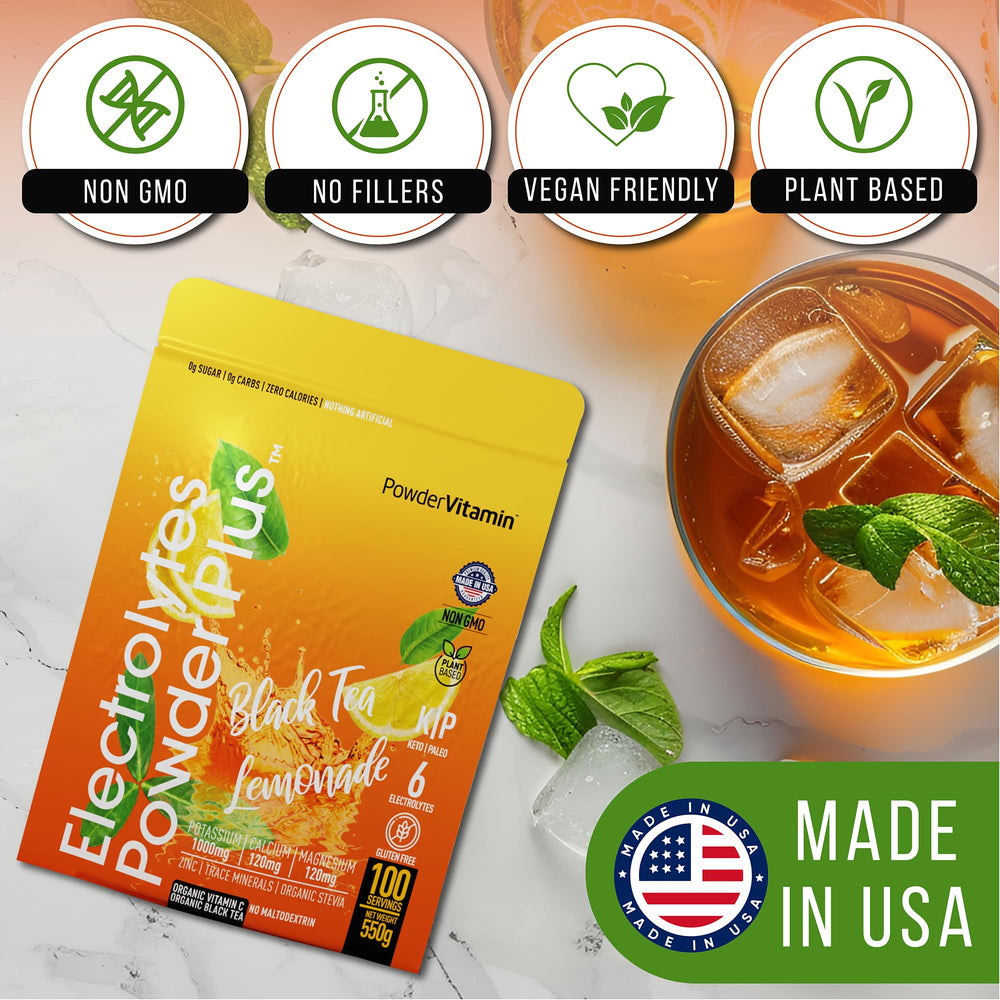 PowderVitamin Electrolytes Plus measuring spoon showing precise daily dose.