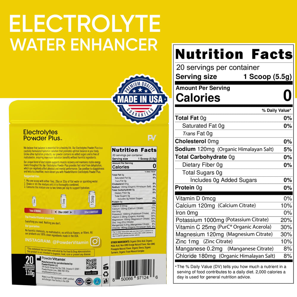 PowderVitamin Electrolytes Plus flavor scoop shows orange-pineapple taste for hydration