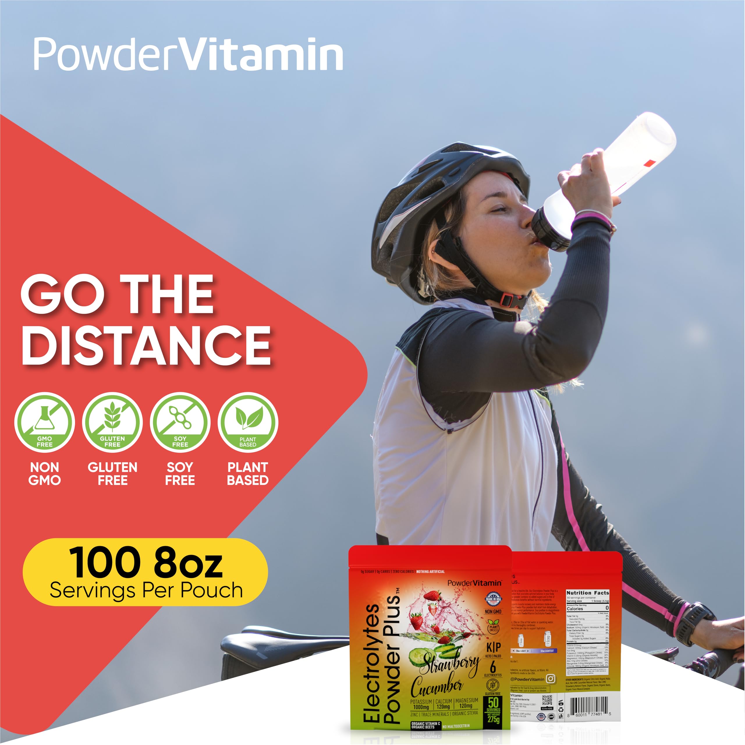 PowderVitamin Electrolytes Plus packaging close-up showcases resealable pouch.