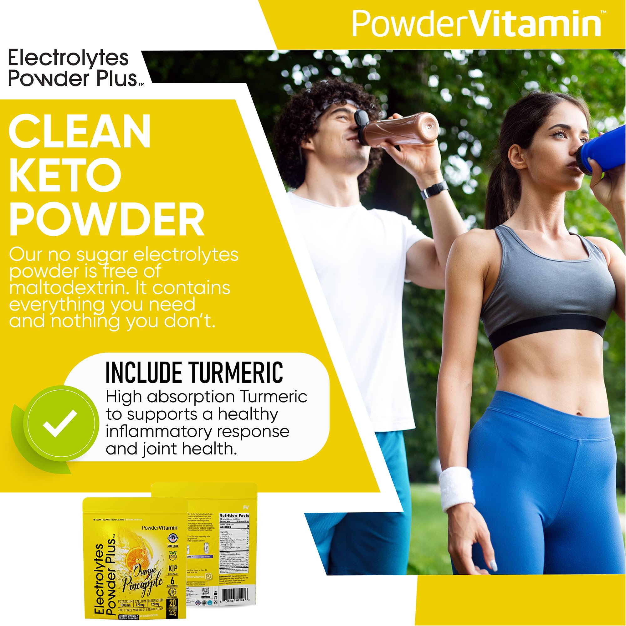PowderVitamin Electrolytes Plus post-workout recovery with bottle on the go