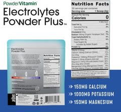 PowderVitamin Electrolytes Plus shows 1000 mg potassium label beside a glass for hydration during workouts.