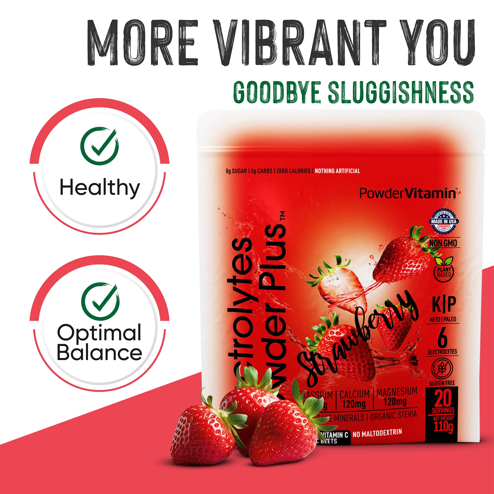 PowderVitamin Electrolytes Plus pouch closeup showing no sugar formula.