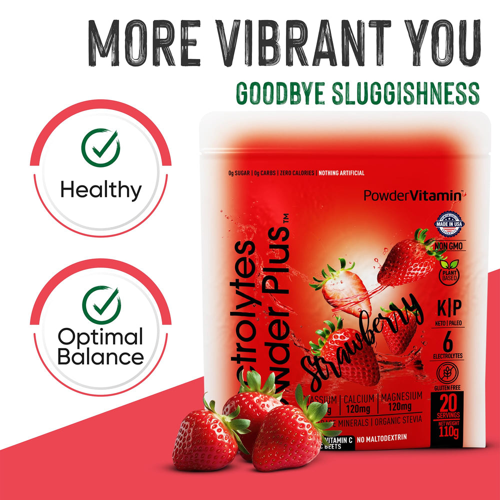 PowderVitamin Electrolytes Plus pouch closeup showing no sugar formula.