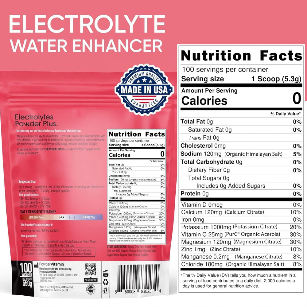 PowderVitamin Electrolytes Plus Raspberry jar labeled zero sugar hydration