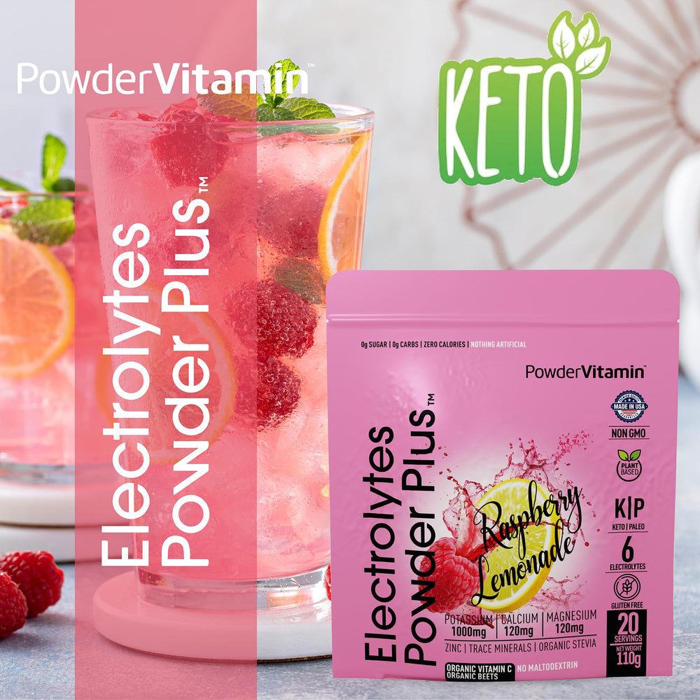 PowderVitamin Electrolytes Plus raspberry lemonade in a glass promotes quick hydration.