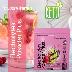 PowderVitamin Electrolytes Plus raspberry lemonade in a glass promotes quick hydration.