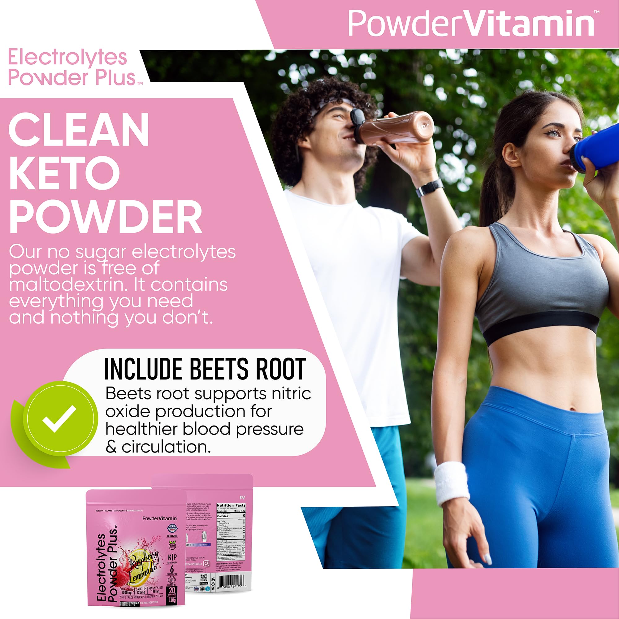 PowderVitamin Electrolytes Plus kitchen scene ready for keto hydration routines.