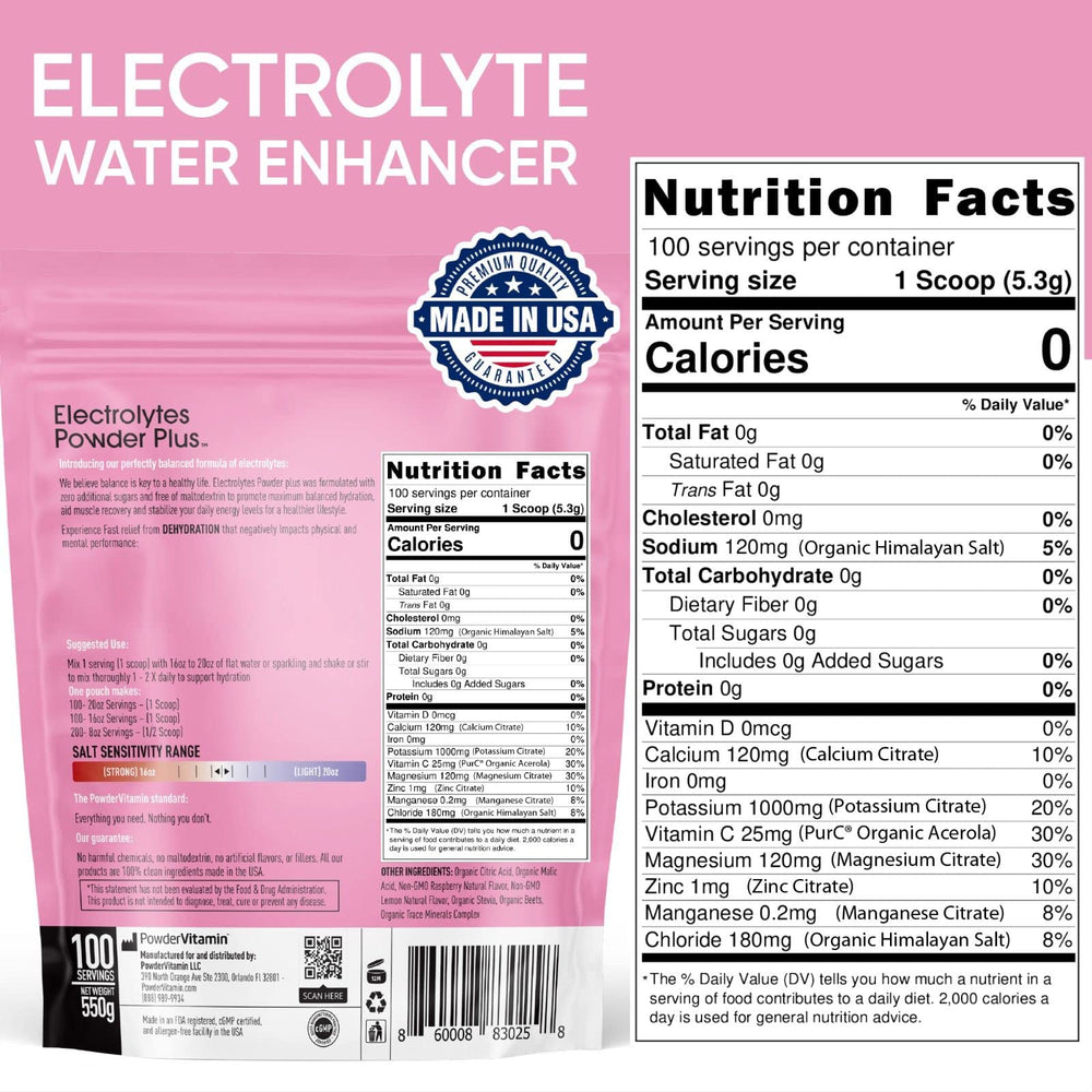 Pouch labeled PowderVitamin Electrolytes Plus offers 100 servings for long-lasting hydration.