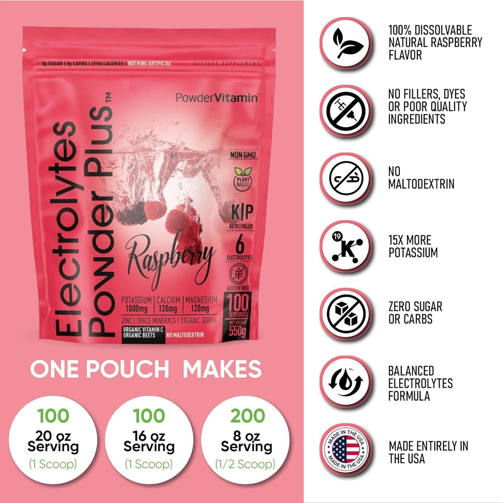 PowderVitamin Electrolytes Plus Raspberry pack shot showing 100 servings