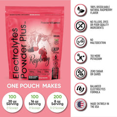 PowderVitamin Electrolytes Plus Raspberry pack shot showing 100 servings