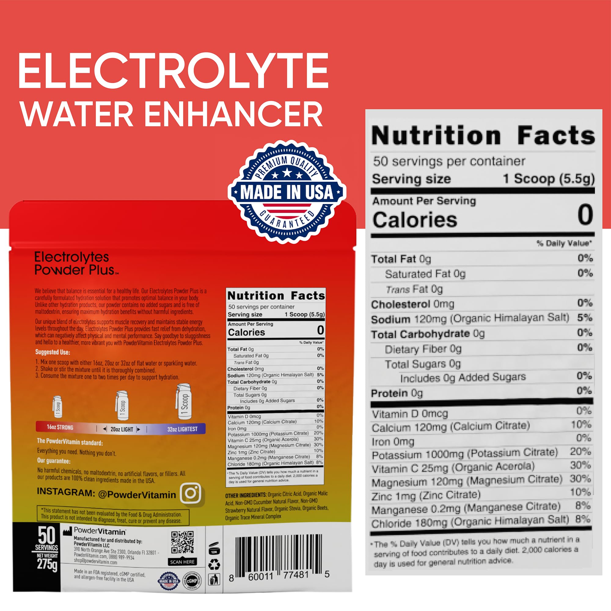 PowderVitamin Electrolytes Plus scoop pouring into water for zero-calorie hydration.