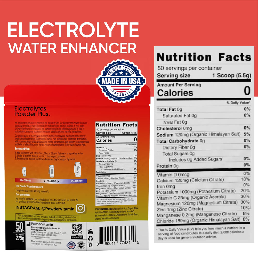PowderVitamin Electrolytes Plus scoop pouring into water for zero-calorie hydration.