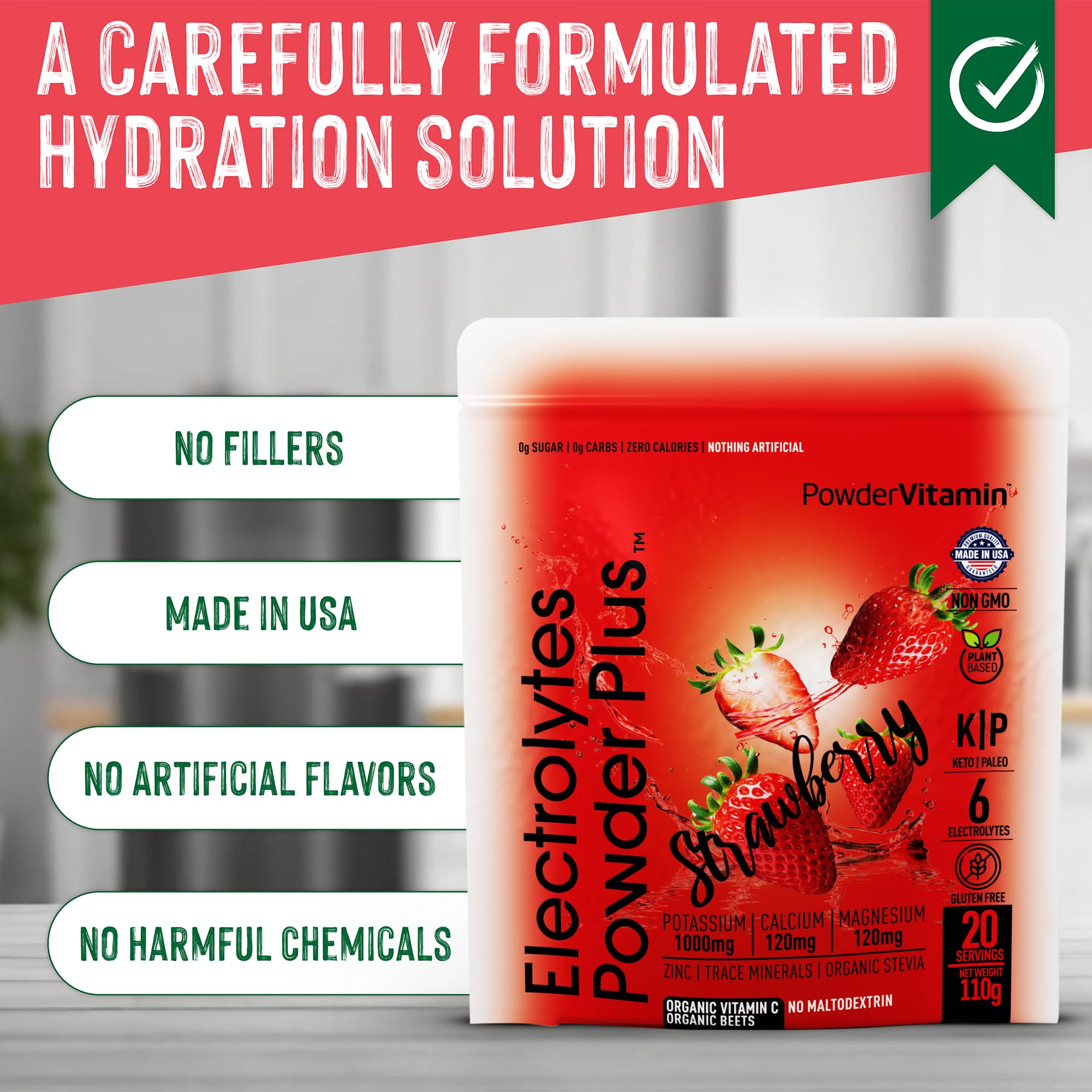 PowderVitamin Electrolytes Plus serving scoop ready for a zero-calorie drink.