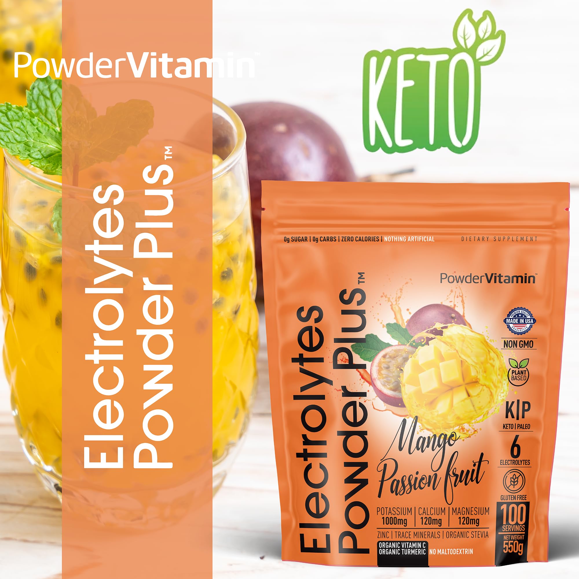 PowderVitamin Electrolytes Plus being stirred into a glass of water.