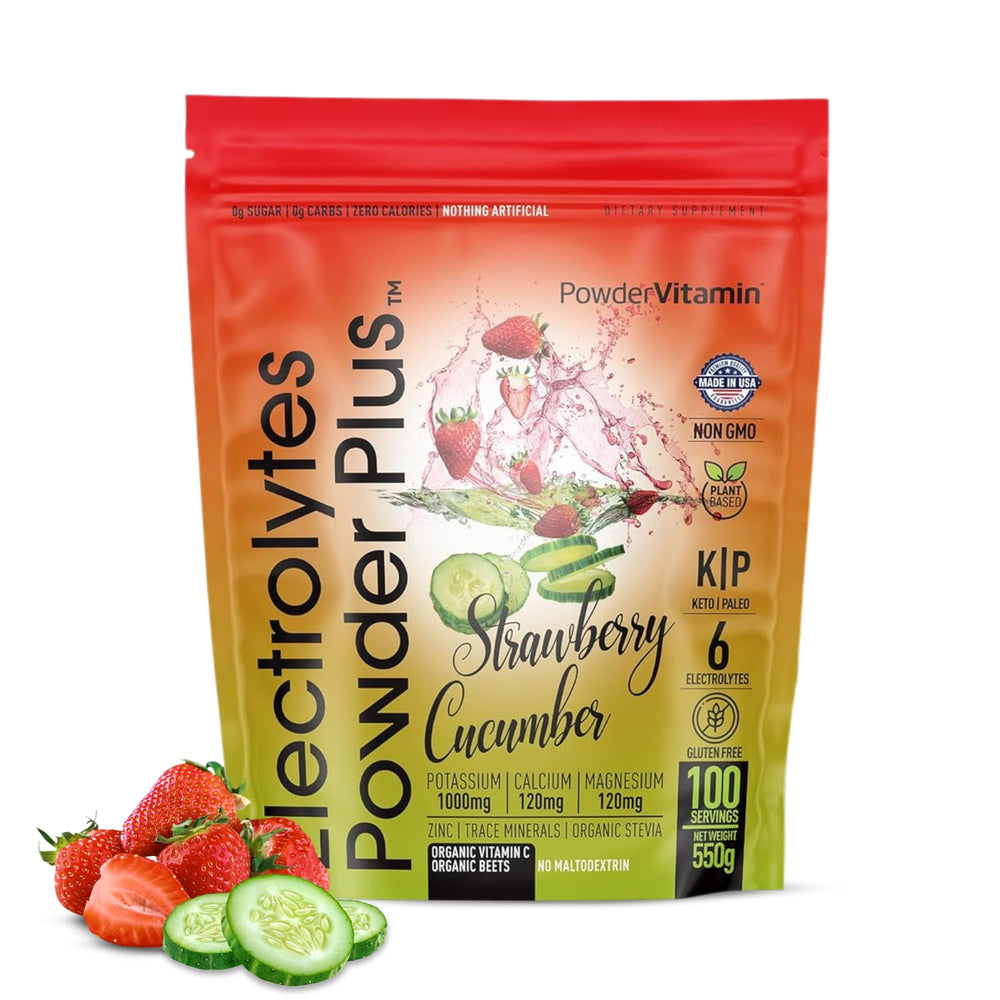 PowderVitamin Electrolytes Plus strawberry cucumber powder ready to dissolve in water.