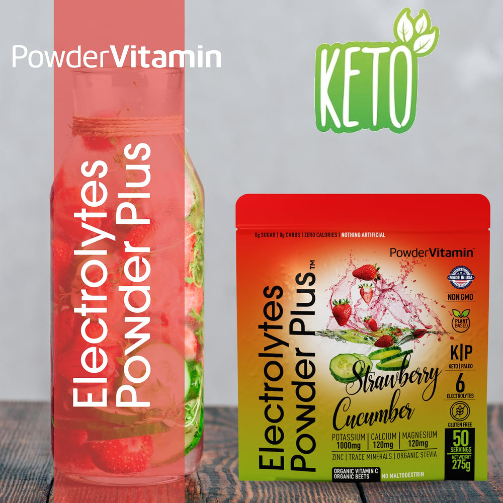 PowderVitamin Electrolytes Plus strawberry-cucumber flavor close-up signals tasty keto hydration.