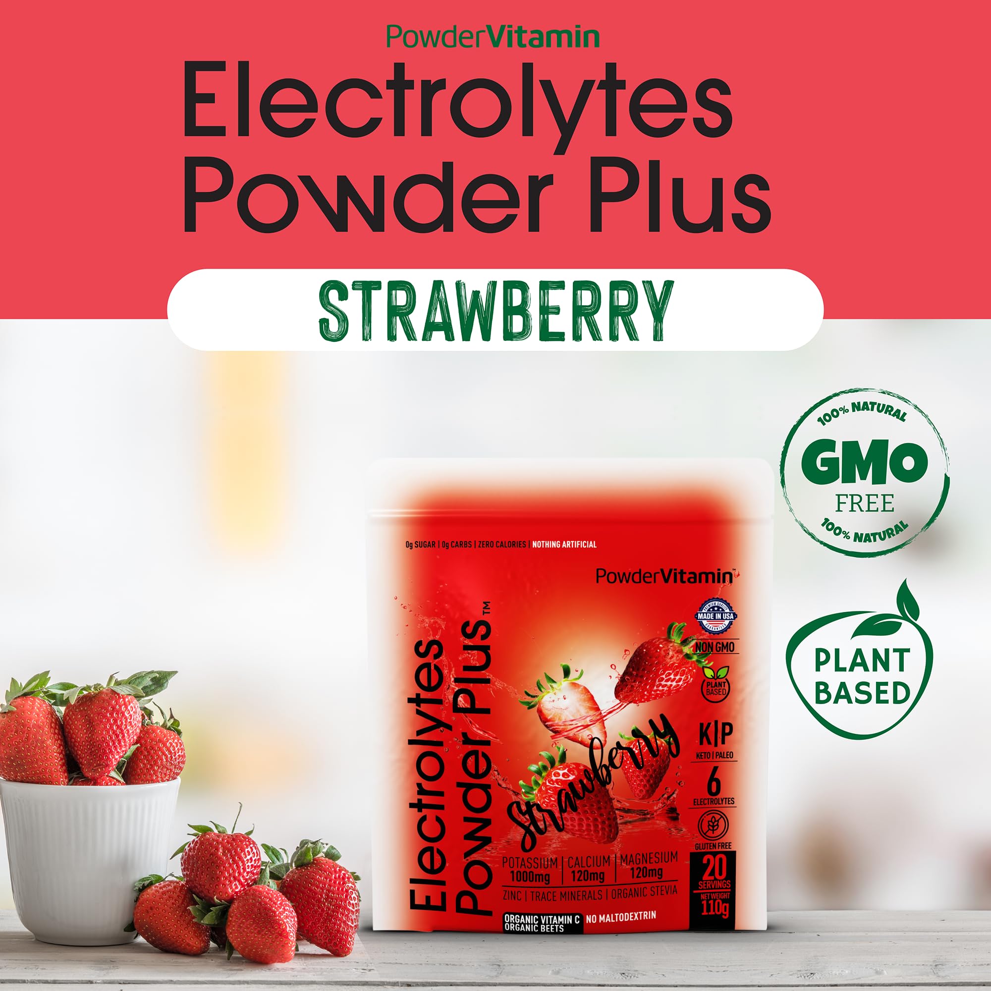 PowderVitamin Electrolytes Plus strawberry dissolving in a glass for easy electrolyte intake.